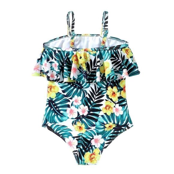 Toddler Girls Kids One Piece Ruffle Swimsuit Tropical Floral Bathing Suit Sz 2 - Picture 2 of 6